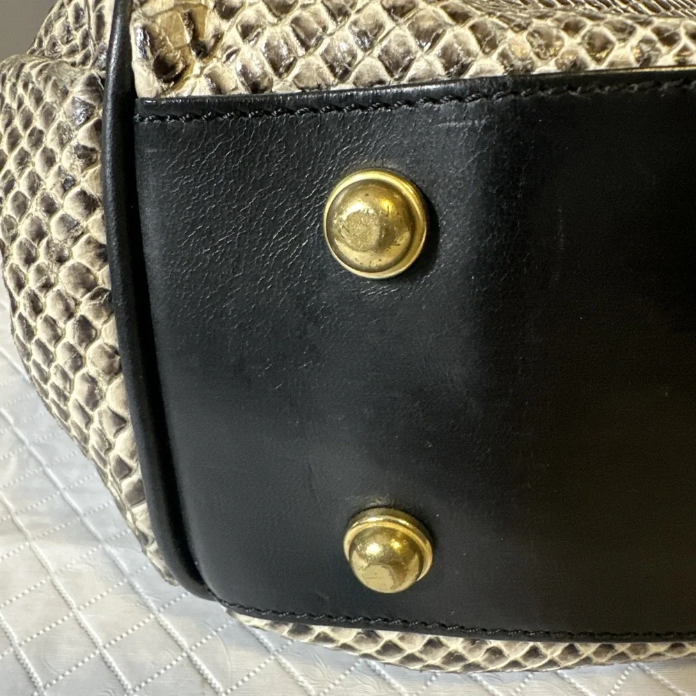 Brahmin Large Elisa Hobo Bag Black/White Snake Embossed Leather Shoulder Purse